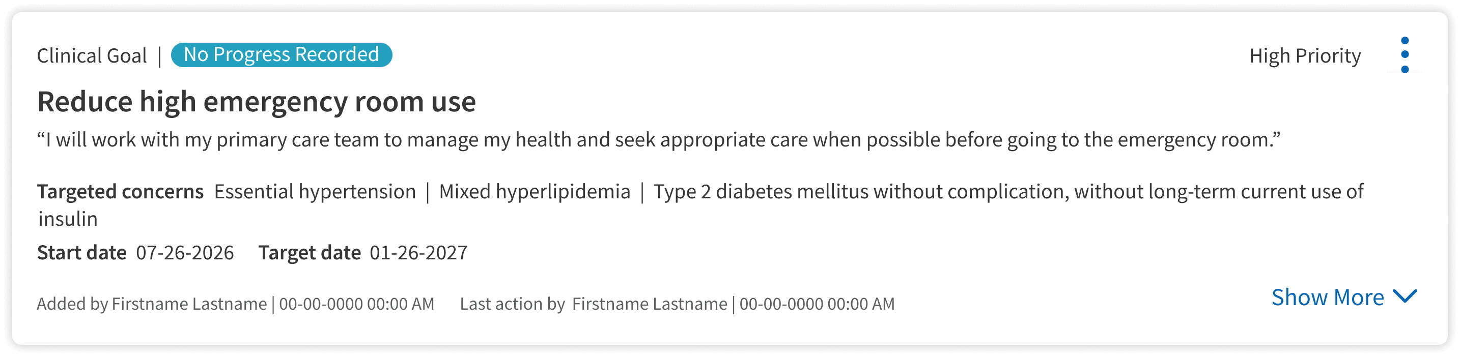 Example of athenaOne’s Care Plans, summarizing the goals for the providers and care team.